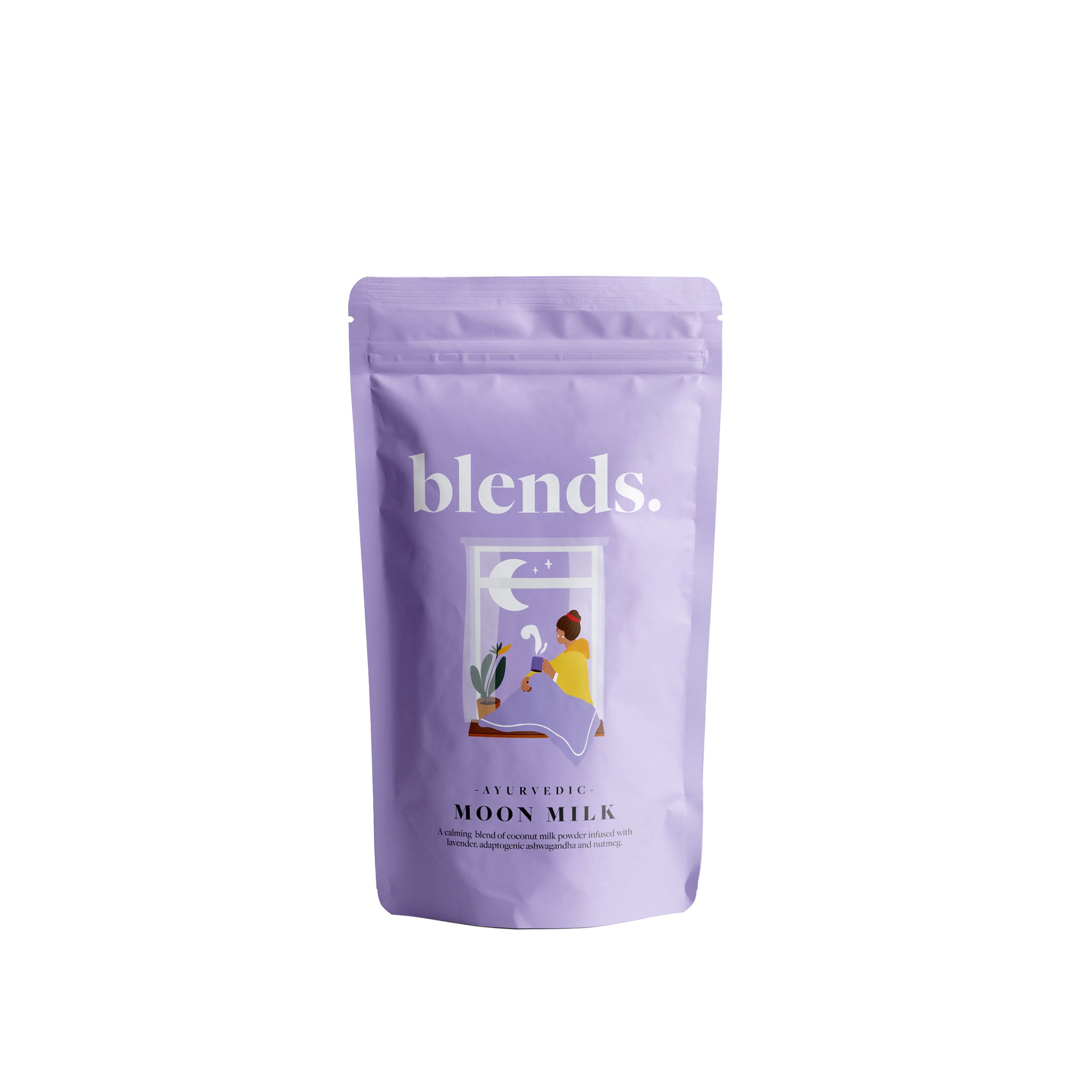 Blends Moon Milk is a calming blend of Coconut Milk powder infused with Lavender, adaptogenic Ashwagandha and Nutmeg. Available at Vayu Living.